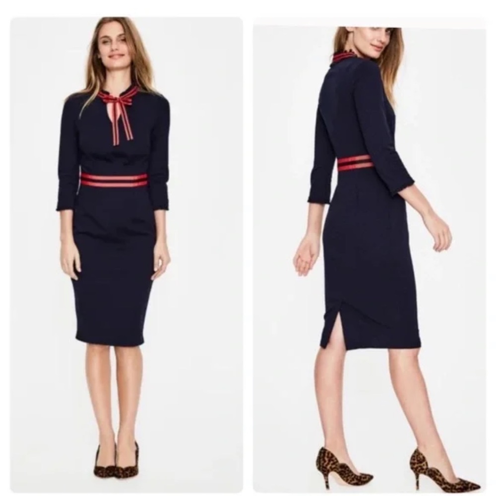 Boden Navy Long-Sleeve Sheath Dress with Red Stripe Trim